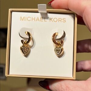 NIB Michael Kors Gold and Rhinestone Heart Earrings